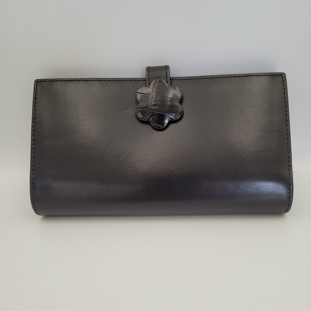 Furla Black Leather Long Bifold Wallet Flower Snap Croc Embossed Logo